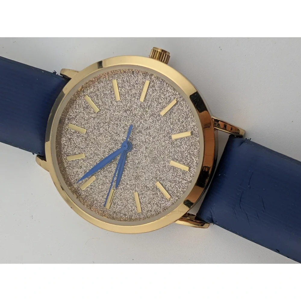 MSPCI‎ Glitter Dial Women's Watch 36mm Gold Case Blue Faux Leather Band- Working